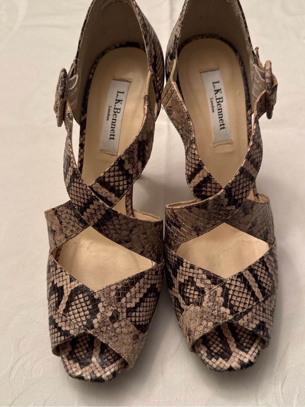 LK Bennett London Women's Snake-Print Crisscross Heels in Beige and Brown